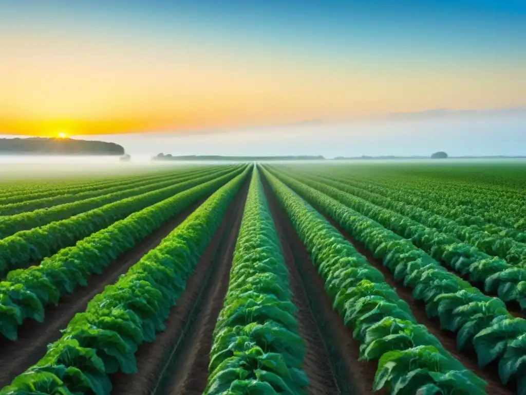 Hermoso campo agrícola verde bajo cielo azul, con cultivos en filas simétricas