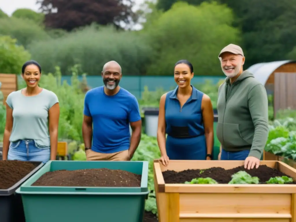 Un hermoso jardín comunitario donde personas de todas las edades y orígenes colaboran en el compostaje de residuos orgánicos