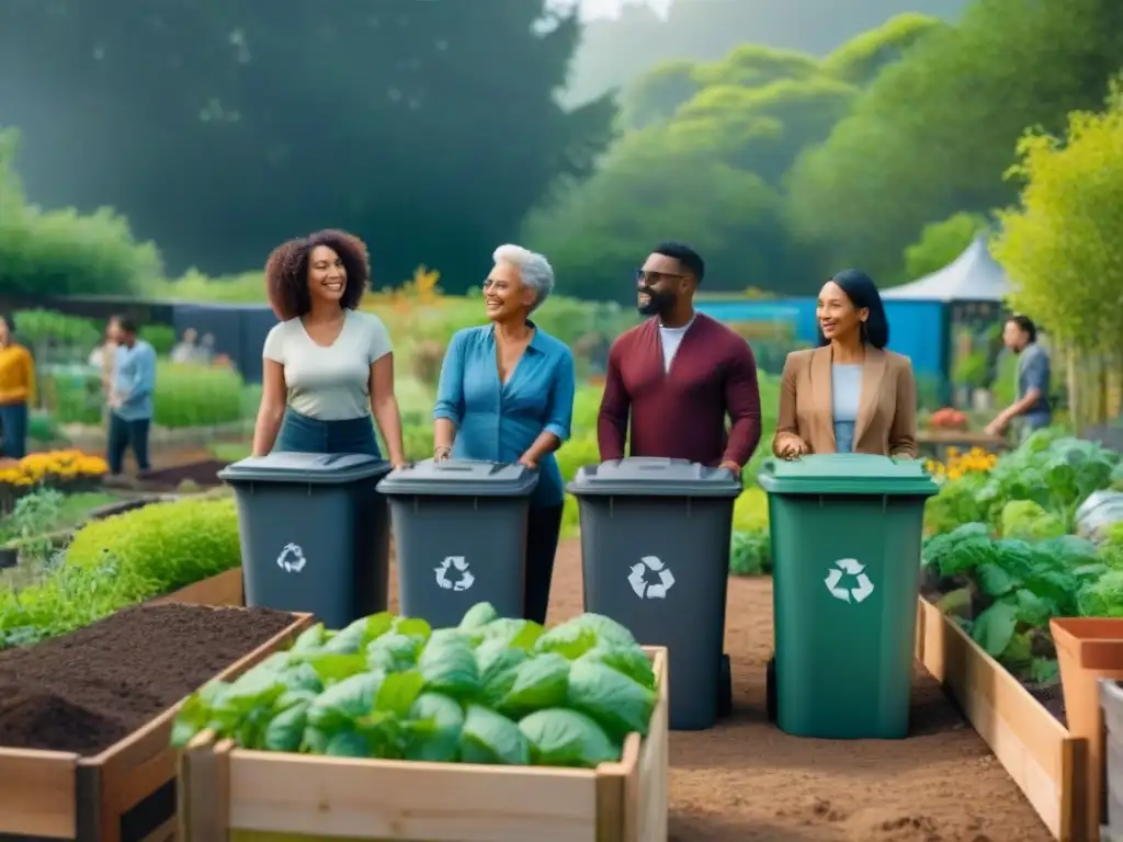 Un hermoso jardín comunitario con personas de distintas etnias y generaciones colaborando juntas en iniciativas sostenibles