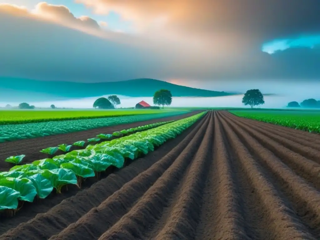 Un hermoso paisaje rural con cultivos vibrantes y un compostaje bien cuidado