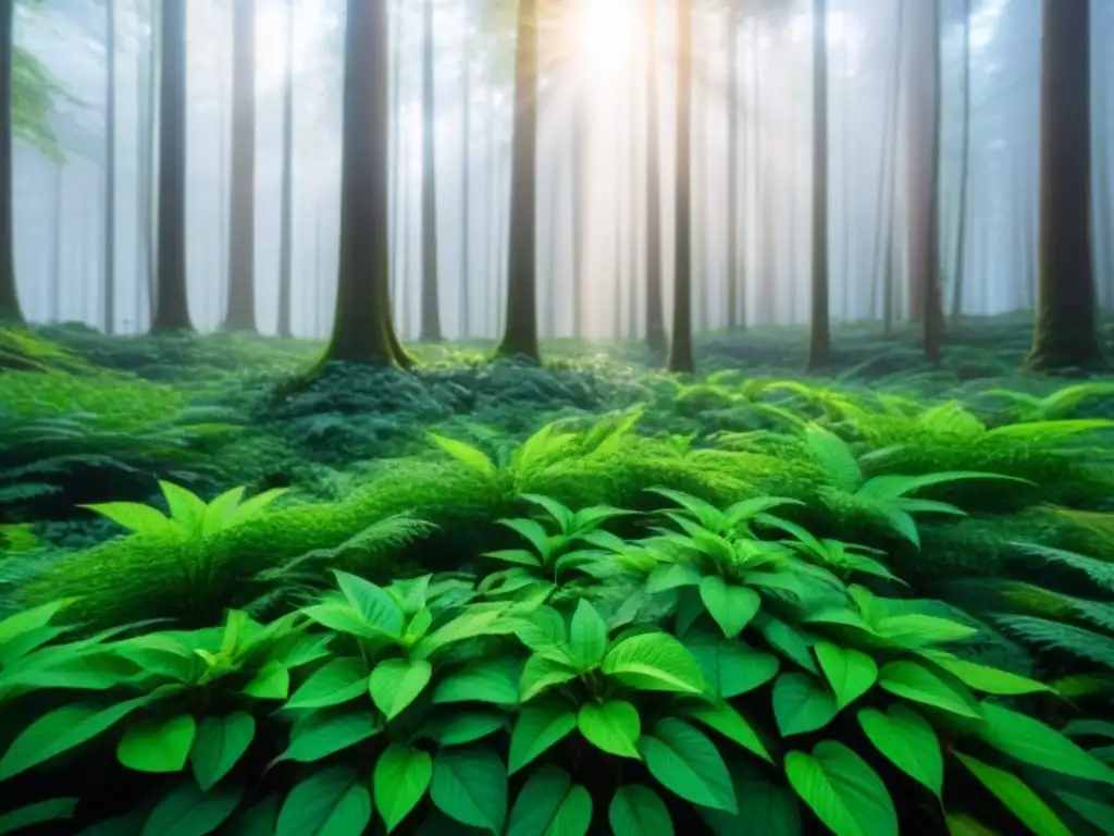 Hermoso bosque verde con luz solar filtrándose entre el dosel, resaltando las hojas vibrantes