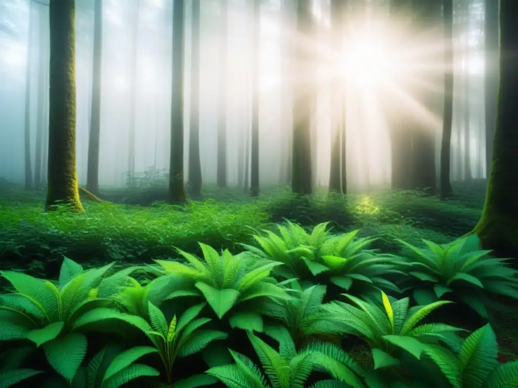 Hermoso bosque verde con luz solar entre hojas, para educación ambiental reducción huella carbono