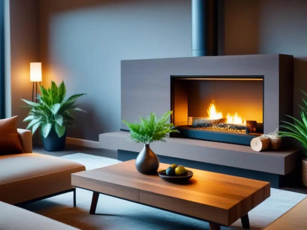 Un hogar acogedor con una chimenea moderna y ecológica como punto focal, iluminando la habitación con una cálida luz