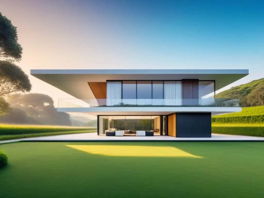 Casa futurista y sostenible: energía limpia en armonía con la naturaleza Un hogar futurista, energéticamente eficiente, rodeado de naturaleza