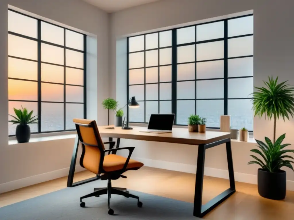 Un hogar minimalista y sereno con un espacio de trabajo moderno y sin desorden, iluminado por luz natural