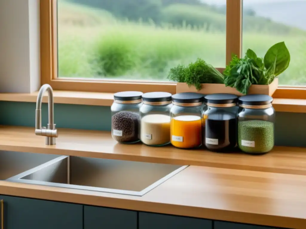 Un hogar sostenible zero waste: cocina minimalista con organización impecable y elementos ecofriendly