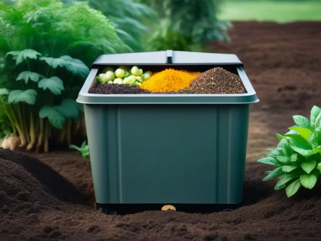 Un hogar sostenible: compostaje casero paso a paso con un compostador organizado en un jardín exuberante