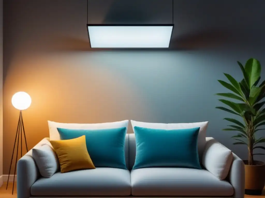 Iluminación ecológica para hogar sostenible: Lámpara LED moderna iluminando acogedor salón con decoración ecofriendly