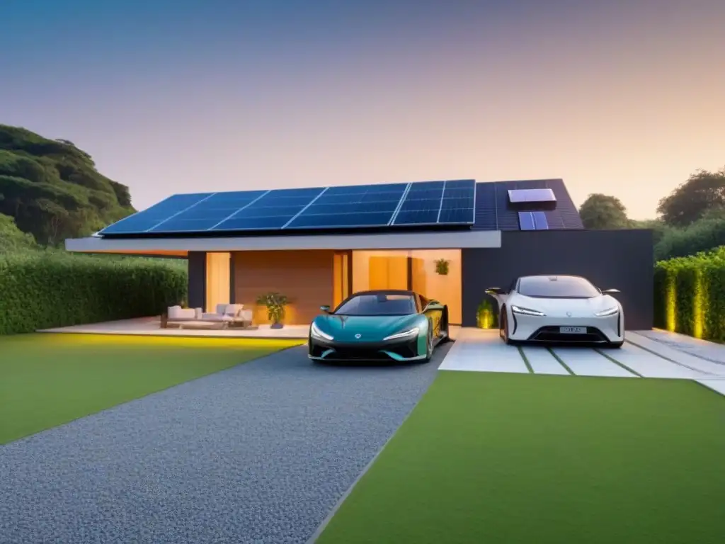 Un hogar sostenible rodeado de naturaleza, con paneles solares, jardín y coche eléctrico