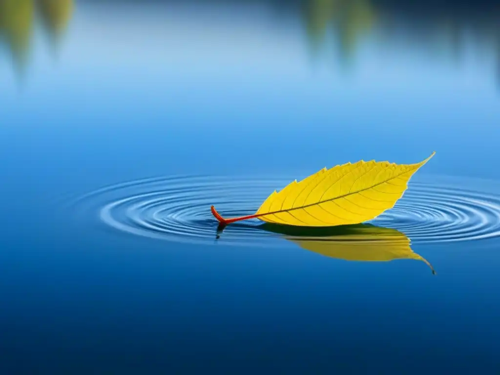 Una hoja flotando en agua tranquila, reflejando un cielo azul claro