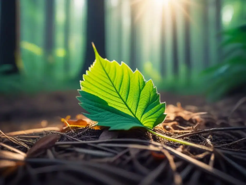 Una hoja cubierta de rocío en un bosque verde, simbolizando la pureza de la rutina de belleza con productos ecológicos