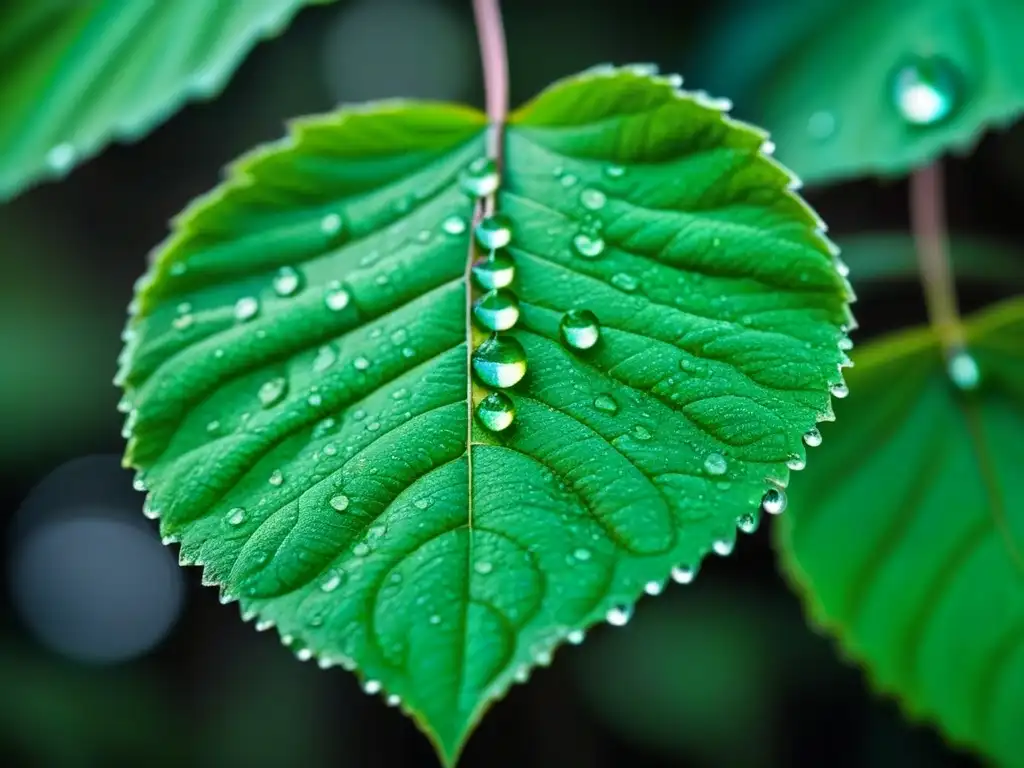 Una hoja verde cubierta de rocío en un bosque exuberante