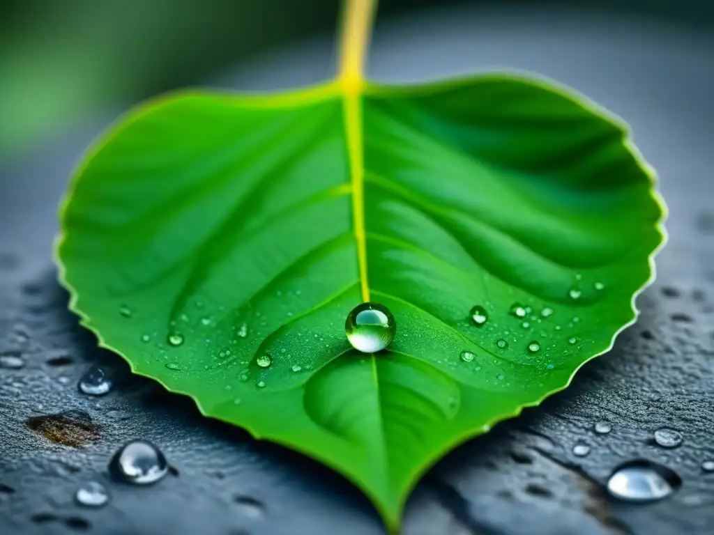 Una hoja verde fresca sobre una superficie cubierta de rocío, transmitiendo la pureza y belleza natural del tónico facial verde piel equilibrada