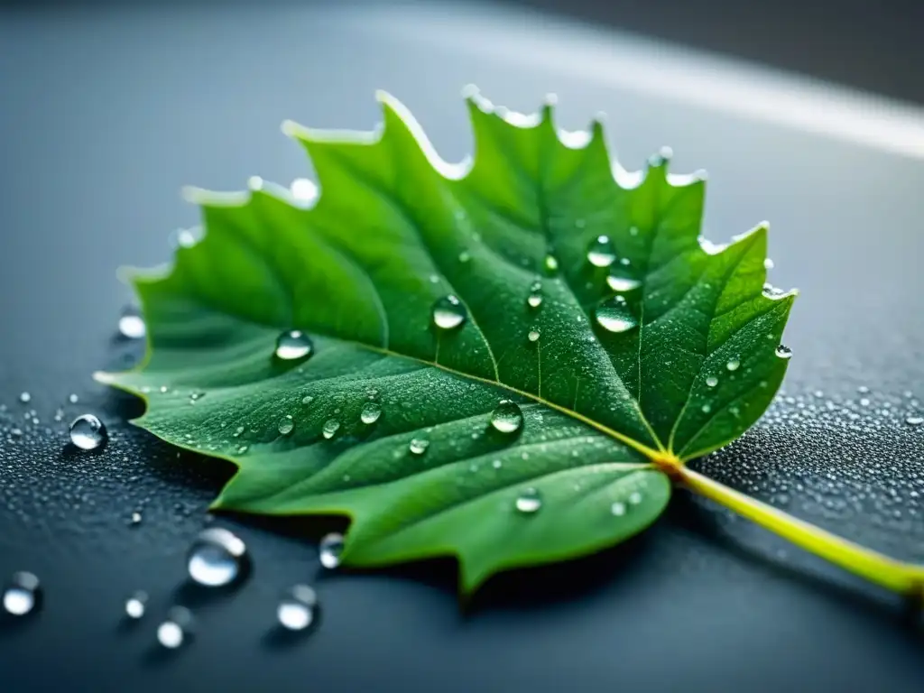 Hoja verde con gotas de agua en un entorno de oficina moderno, simbolizando la integración de Big Data en sostenibilidad