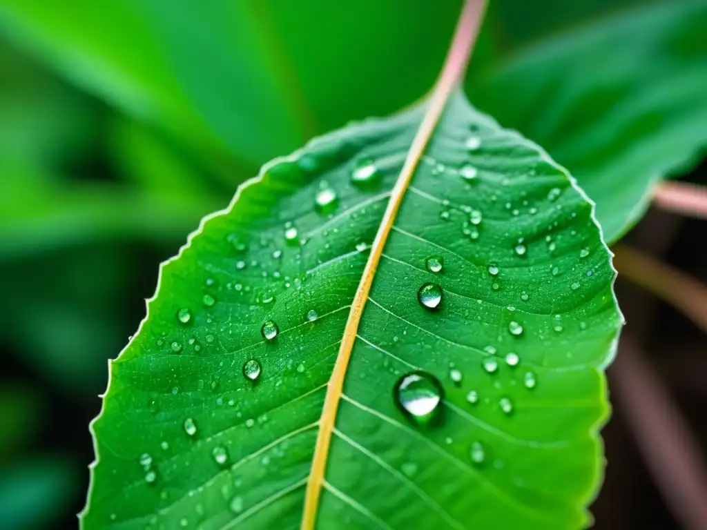 Hoja verde con gotas de agua, iluminada suavemente