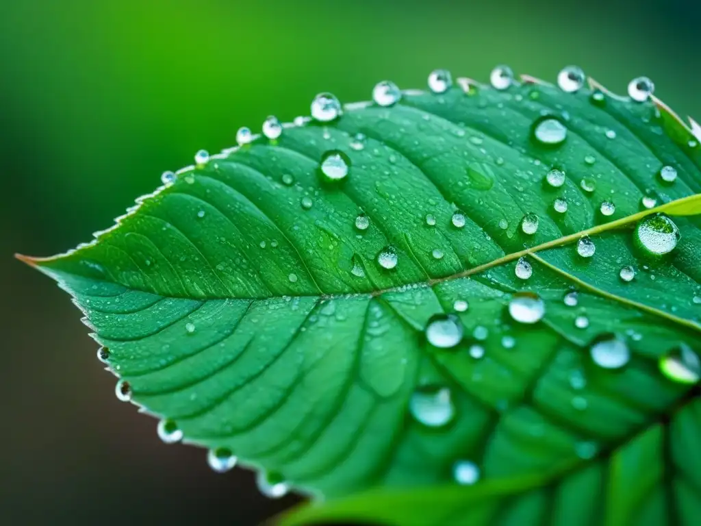 Hoja verde con gotas de rocío, patrones de agua y textura detallada