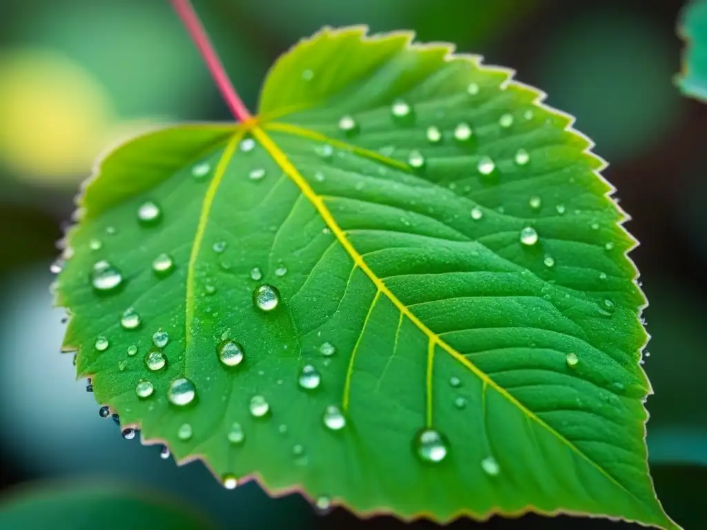 Una hoja verde vibrante cubierta de gotas de agua, brillando al sol