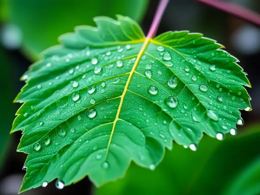 Una hoja verde vibrante cubierta de delicadas gotas de agua, simbolizando frescura y sostenibilidad