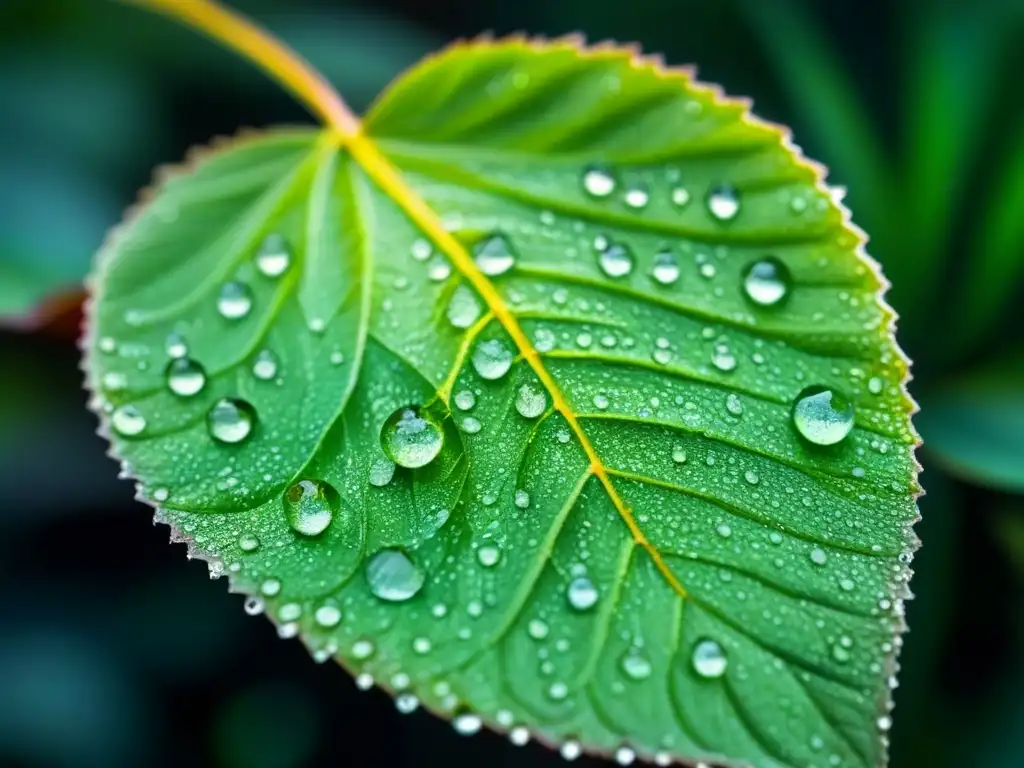 Una hoja verde vibrante cubierta de gotas de rocío, reflejando el entorno con claridad