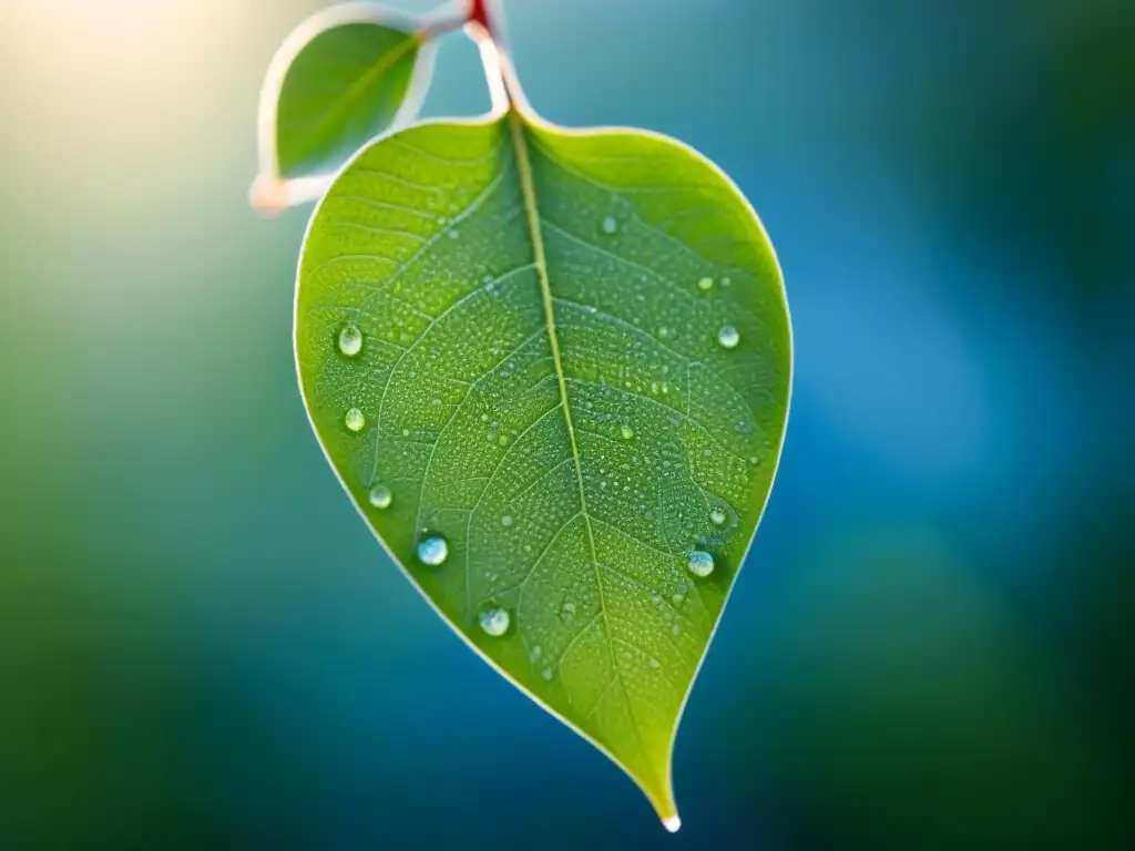 Una hoja verde vibrante cubierta de rocío al amanecer, simbolizando beneficios sociales energías renovables sostenibles