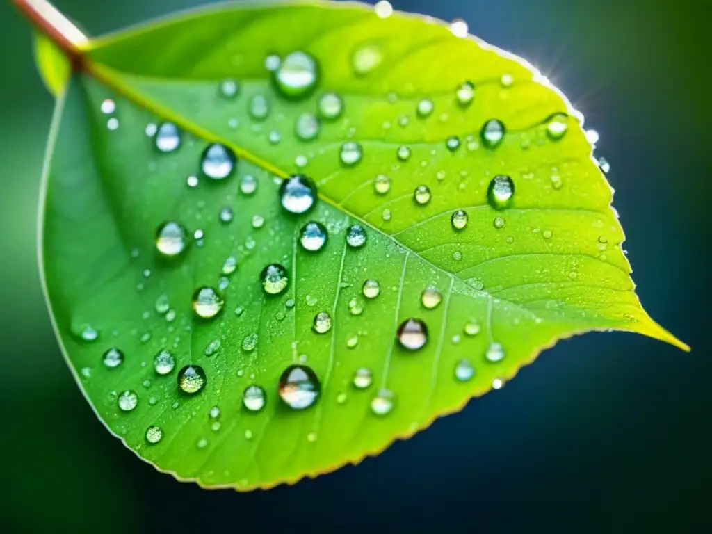 Hoja verde vibrante cubierta de gotas de agua, con efecto prismático