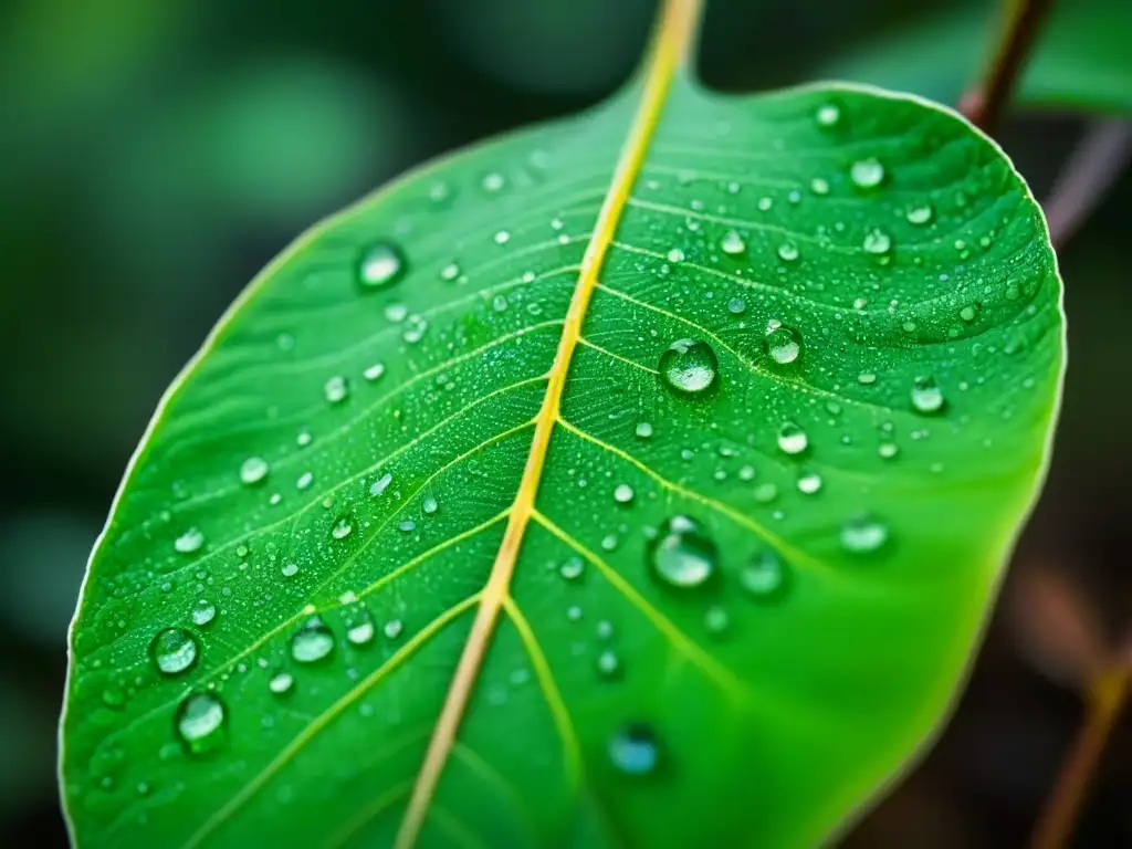 Una hoja verde vibrante con detalles intrincados y gotas de agua, simbolizando la conexión entre reciclaje y biodiversidad sostenible