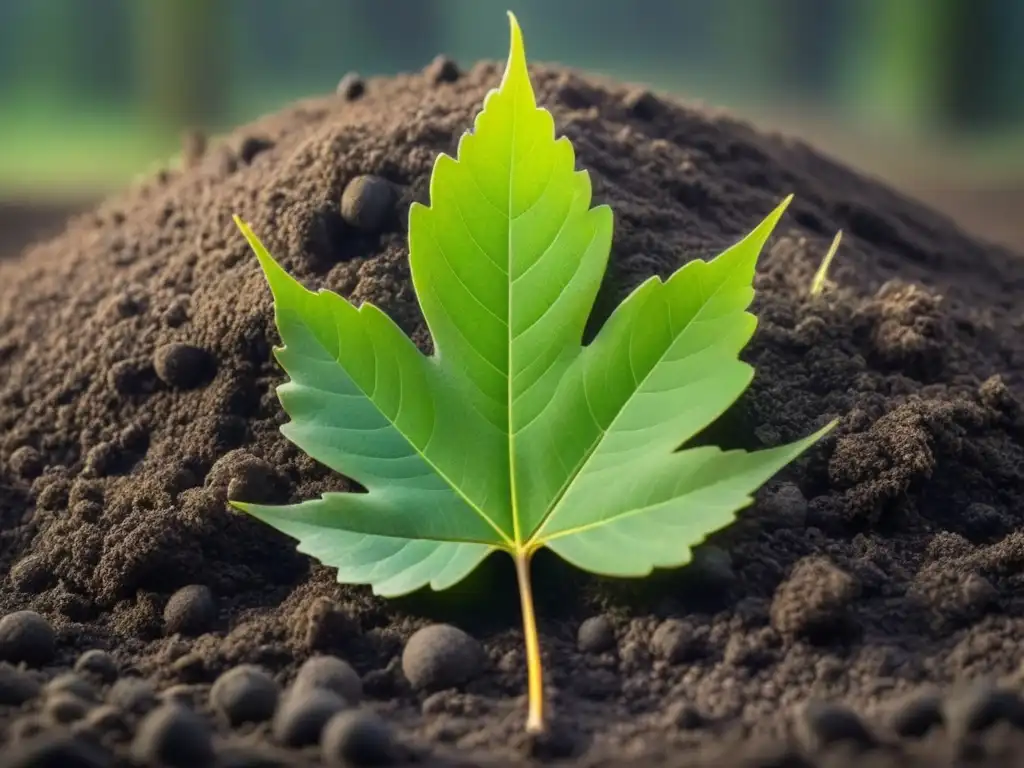 Hojas degradándose lentamente en el suelo, mostrando la red de venas y el proceso de descomposición, simbolizando la biodegradación de plásticos