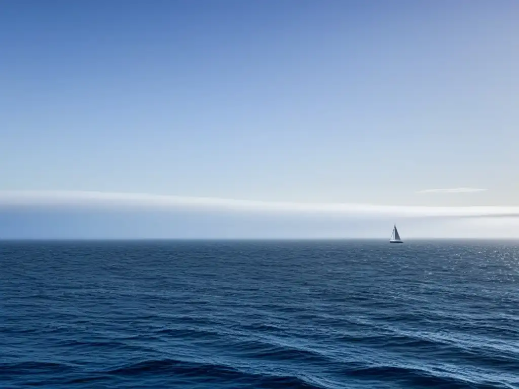 Un horizonte azul profundo con un velero tranquilo, bajo un cielo despejado y una gaviota