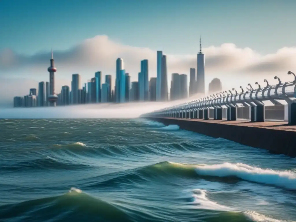 Horizonte de ciudad costera con barreras marinas futuristas, reflejando calma y el impacto del aumento del mar