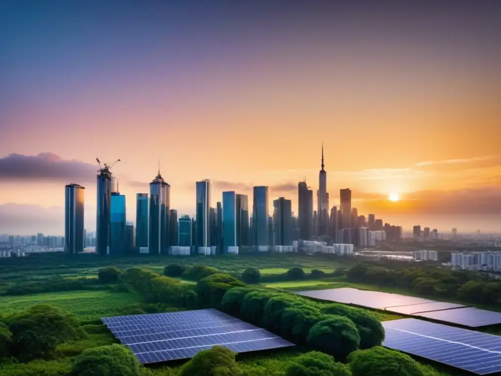 Horizonte de ciudad moderna con rascacielos futuristas reflejando el sol poniente en un entorno ecológico