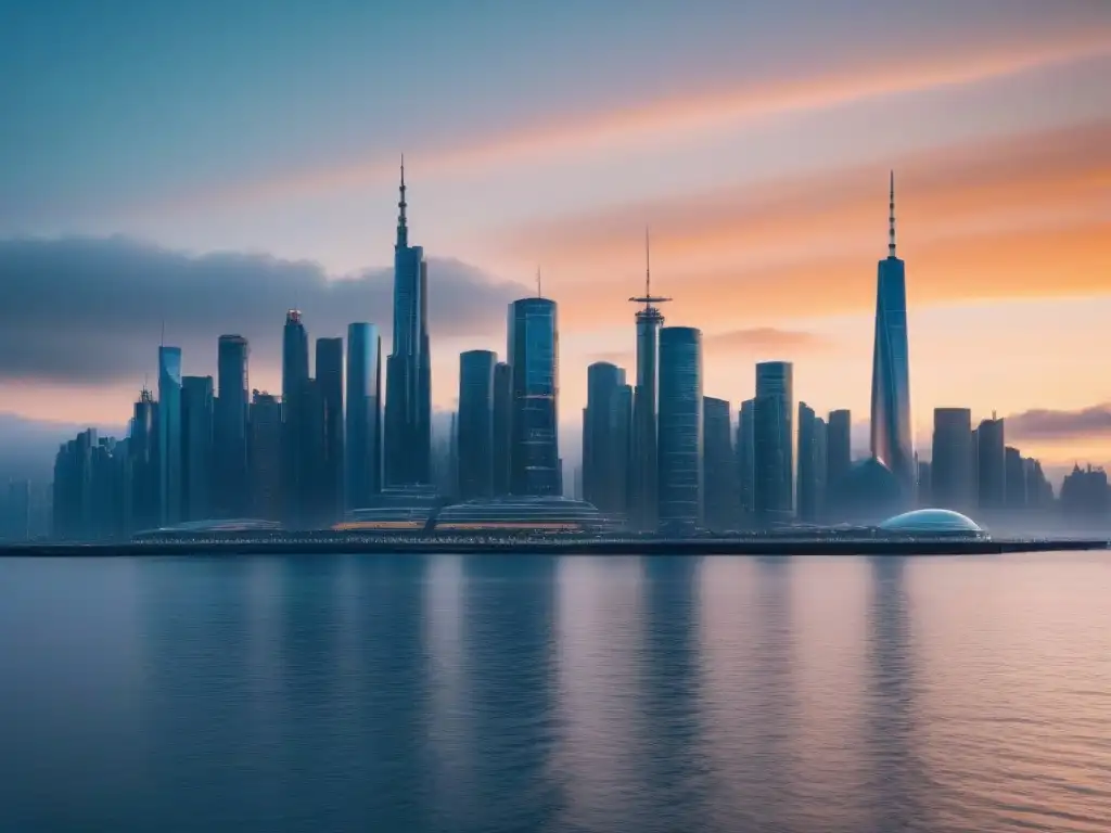 Horizonte futurista de la ciudad con mar en calma al atardecer, reflexión sobre el impacto del aumento del mar