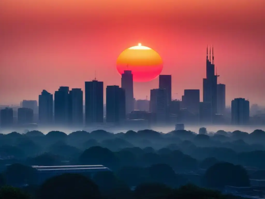 Un horizonte urbano envuelto en espesa niebla, con un sol rojo apenas visible, simbolizando el impacto del cambio climático en la salud pública