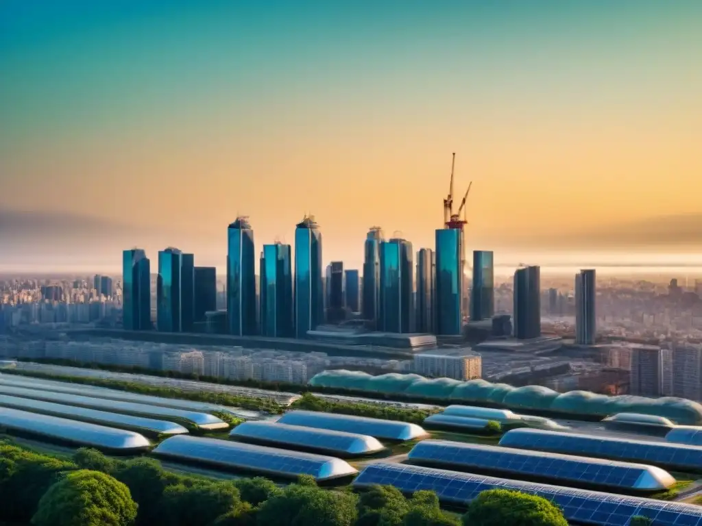 Horizonte urbano futurista con edificios minimalistas, infraestructura sostenible y espacios verdes, bajo cielo azul cristalino