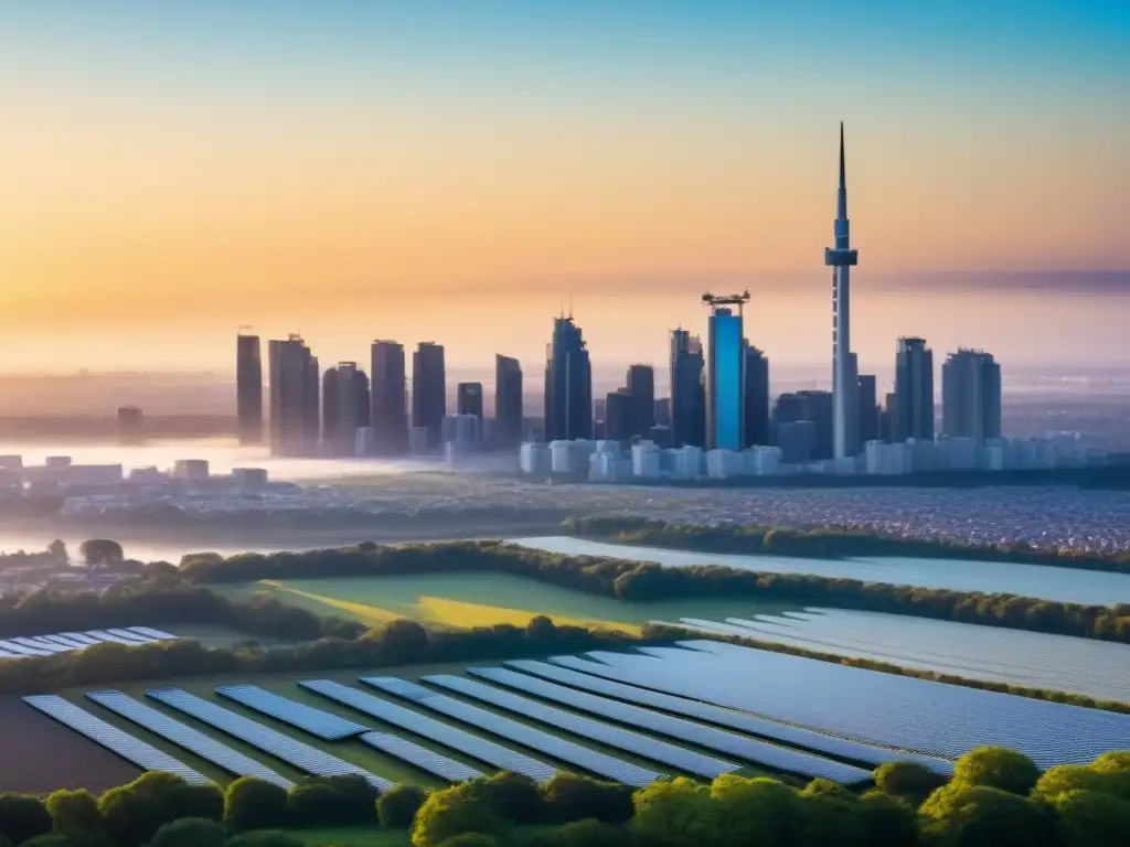 Horizonte futurista: ciudad ecoeficiente bañada por el sol Un horizonte urbano futurista con rascacielos energéticamente eficientes, paneles solares y turbinas eólicas