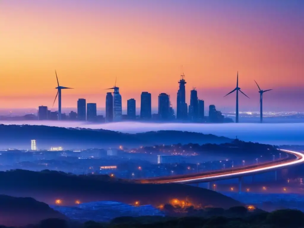 Horizonte urbano moderno al atardecer con turbinas eólicas integradas, simbolizando la armonía entre energías renovables y ciudad