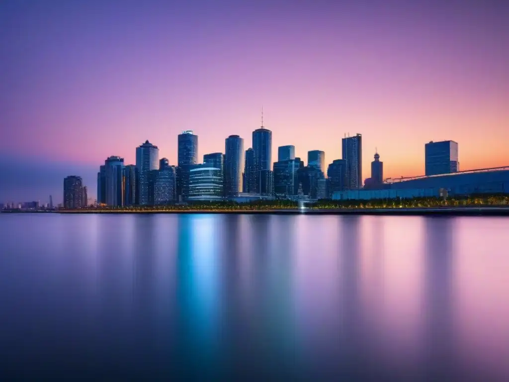 Un horizonte urbano moderno iluminado al anochecer sobre un cuerpo de agua tranquilo, simbolizando sostenibilidad en estrategia de marca