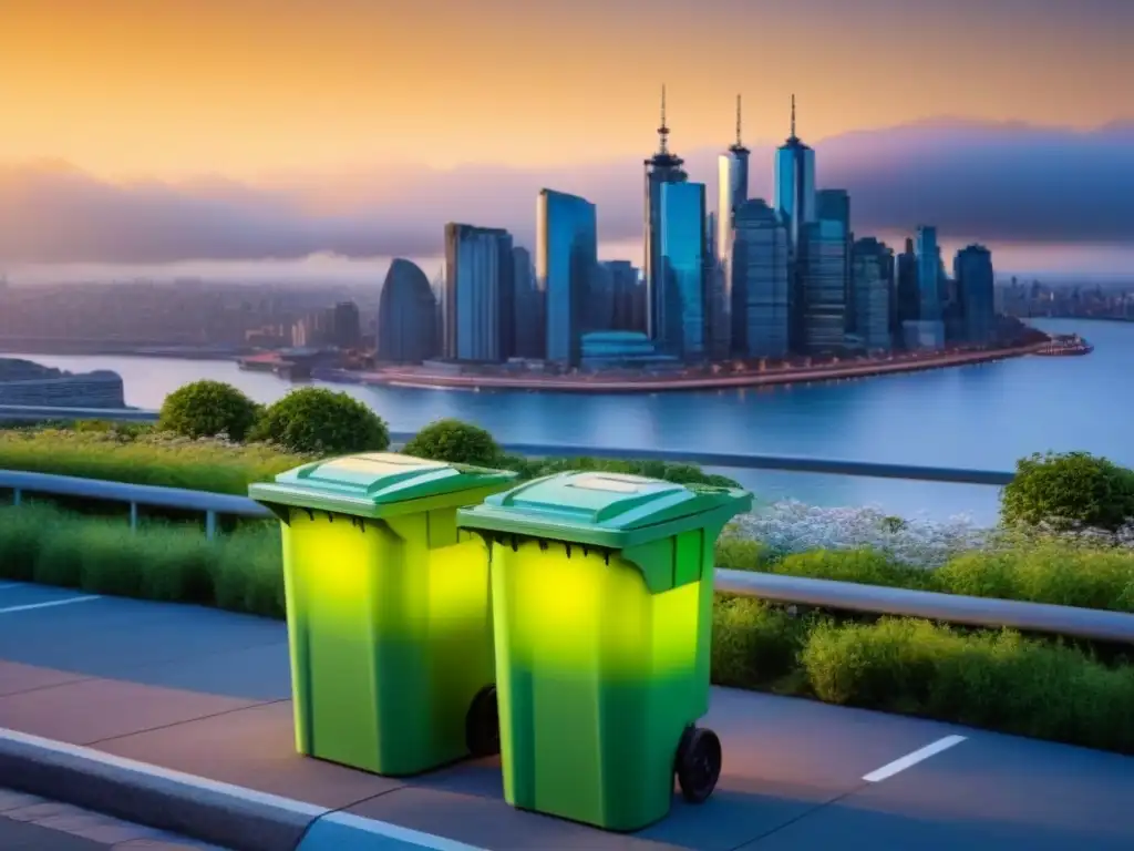 Un horizonte urbano moderno con iniciativas zero waste en acción, integrando contenedores de reciclaje, espacios verdes y fuentes de energía renovable