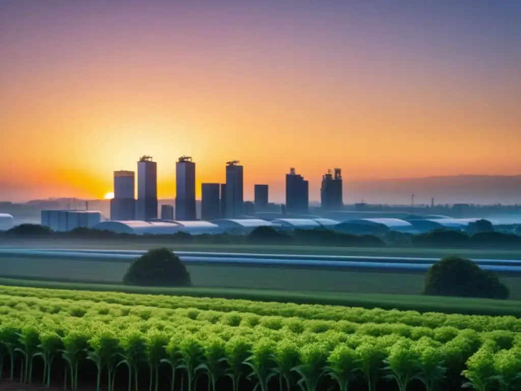 Horizonte urbano moderno con plantas de conversión de basura en energía integradas, simbolizando sostenibilidad y tecnología