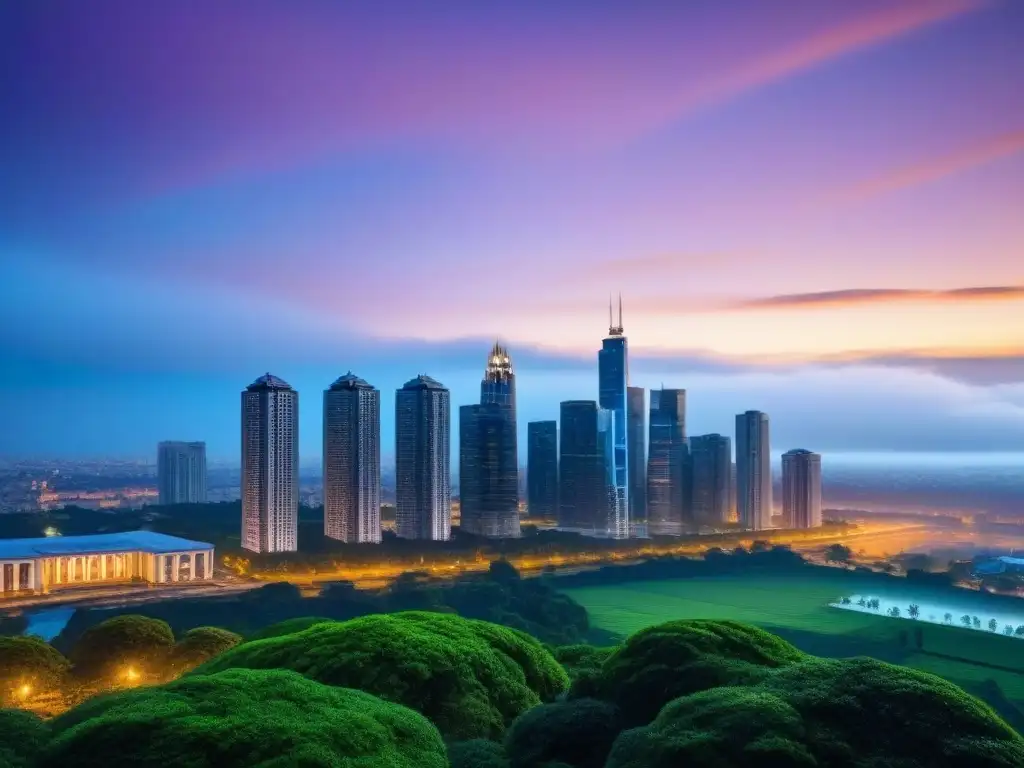 Horizonte urbano moderno y sostenible al anochecer con arquitectura minimalista iluminada, transmitiendo tranquilidad