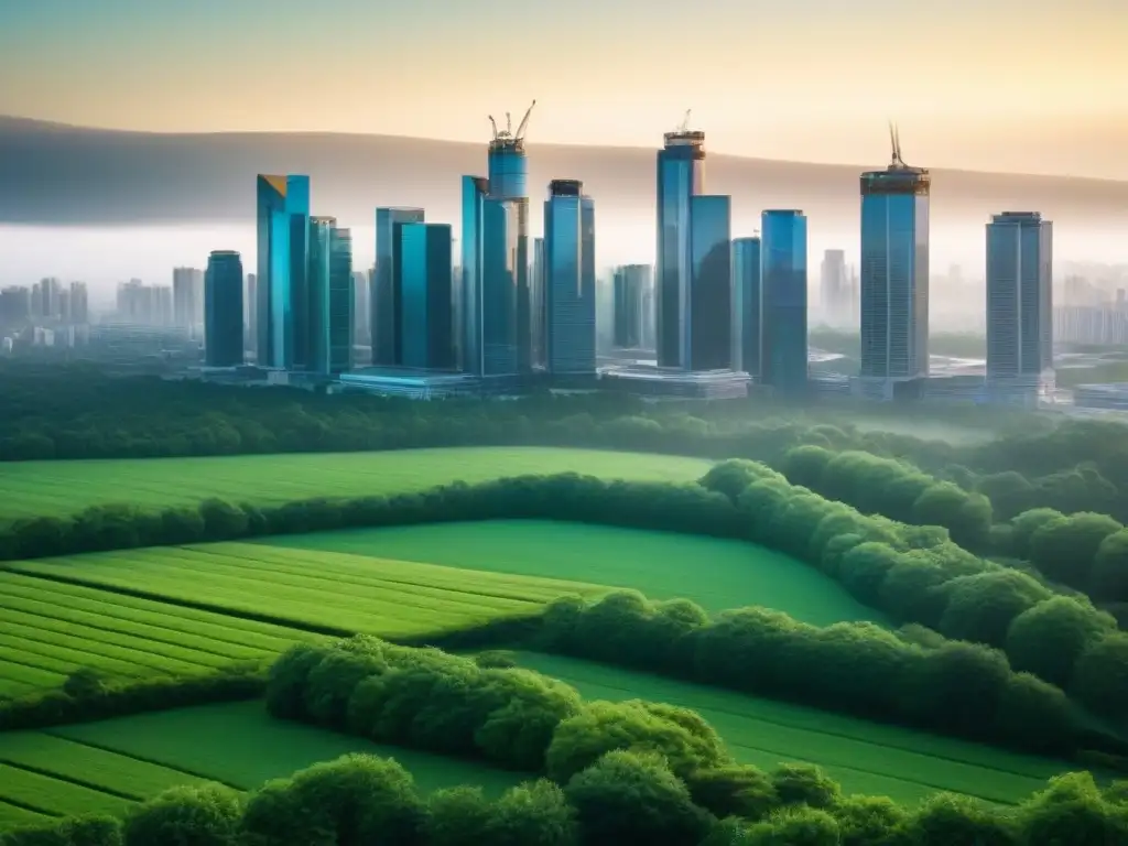 Ciudad sostenible: armonía entre naturaleza y modernidad Un horizonte urbano con rascacielos y espacios verdes en armonía, mostrando Soluciones Zero Waste en Ciudades