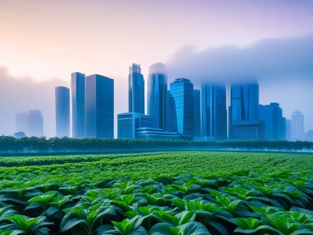 Horizonte urbano sostenible al anochecer, con rascacielos modernos, iluminación eficiente y áreas verdes