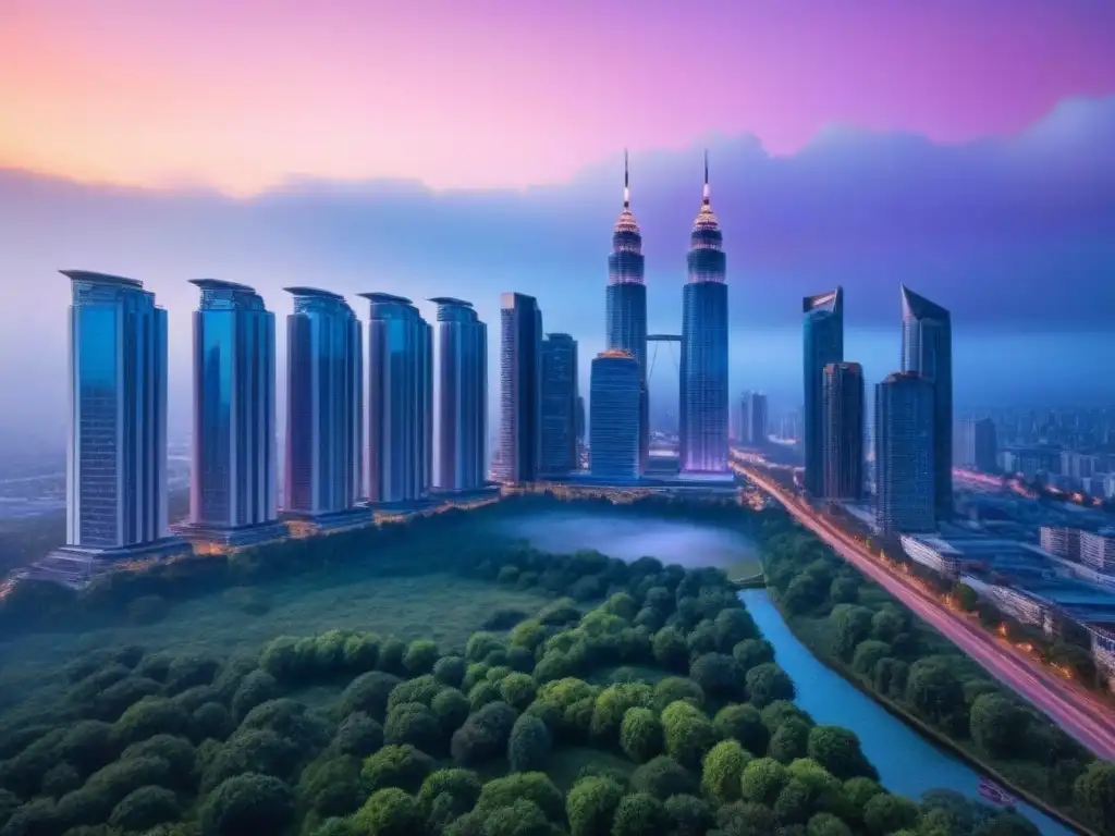 Un horizonte urbano vibrante al atardecer con rascacielos modernos reflejando un cielo colorido en tonos de rosa, naranja y morado