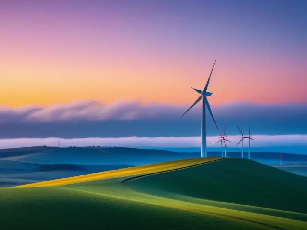 Un horizonte vasto con un molino de viento elegante, girando en una puesta de sol vibrante