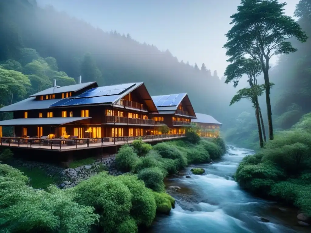 Hoteles ecológicos sostenibles para turismo: Hotel ecofriendly en el bosque con arquitectura sustentable y huéspedes disfrutando la naturaleza