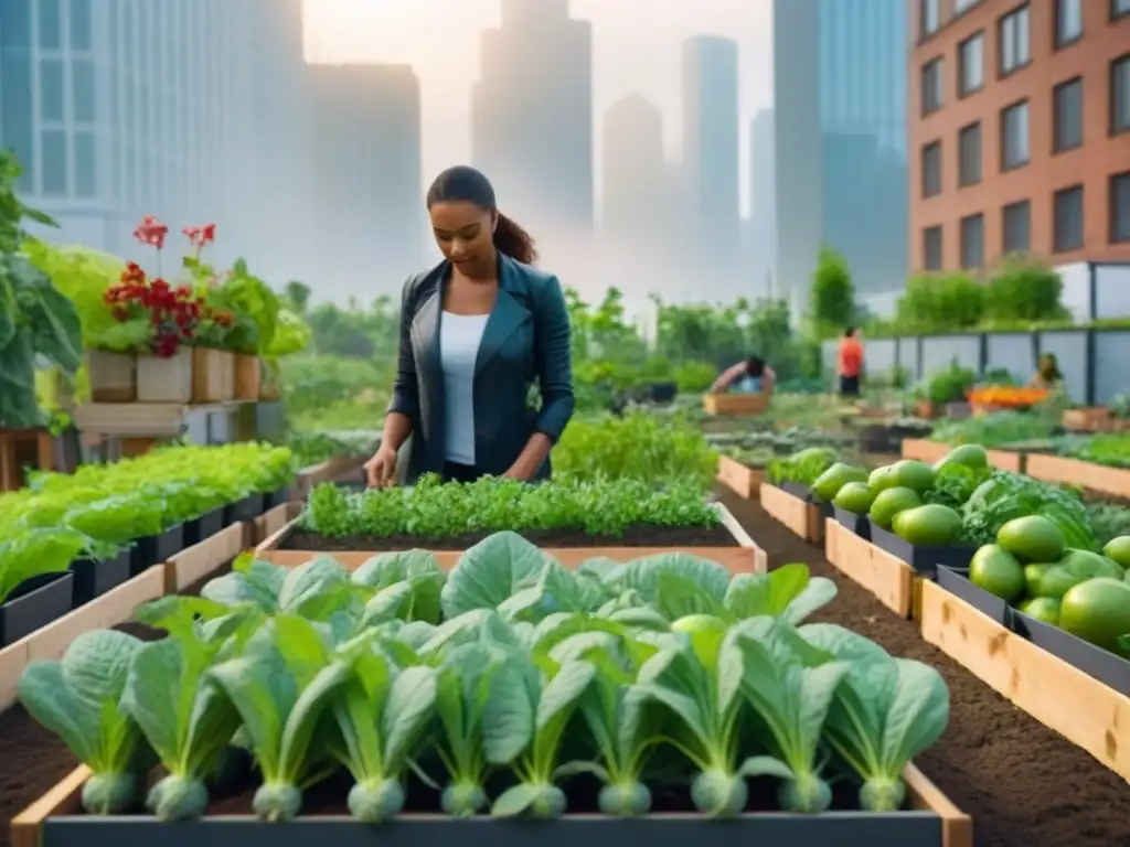 Huerto urbano sostenible en una ciudad bulliciosa, mostrando frutas, verduras y flores coloridas en armonía con rascacielos