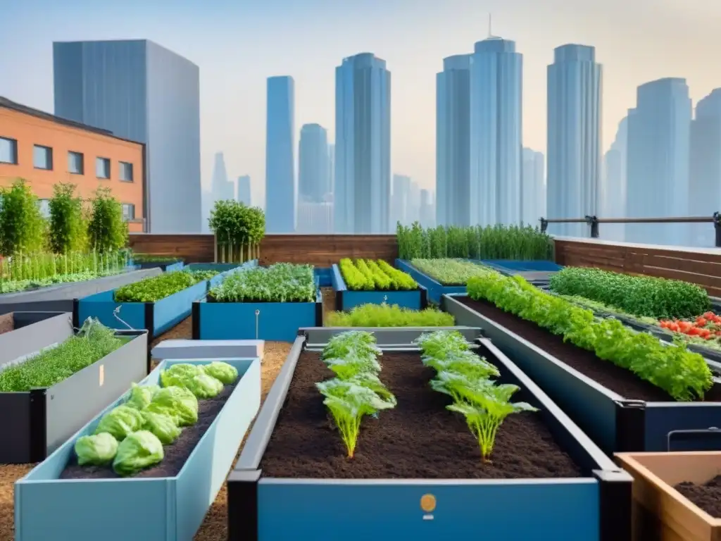 Huerto urbano sostenible: verduras en camas elevadas de materiales reciclados, compostera y edificios altos bajo un cielo azul