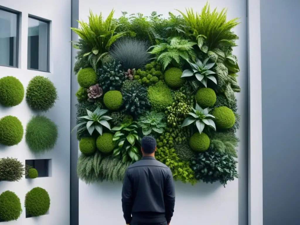 Huertos urbanos en espacios reducidos: jardín vertical vibrante y exuberante en una pared blanca, fusionando naturaleza y diseño moderno