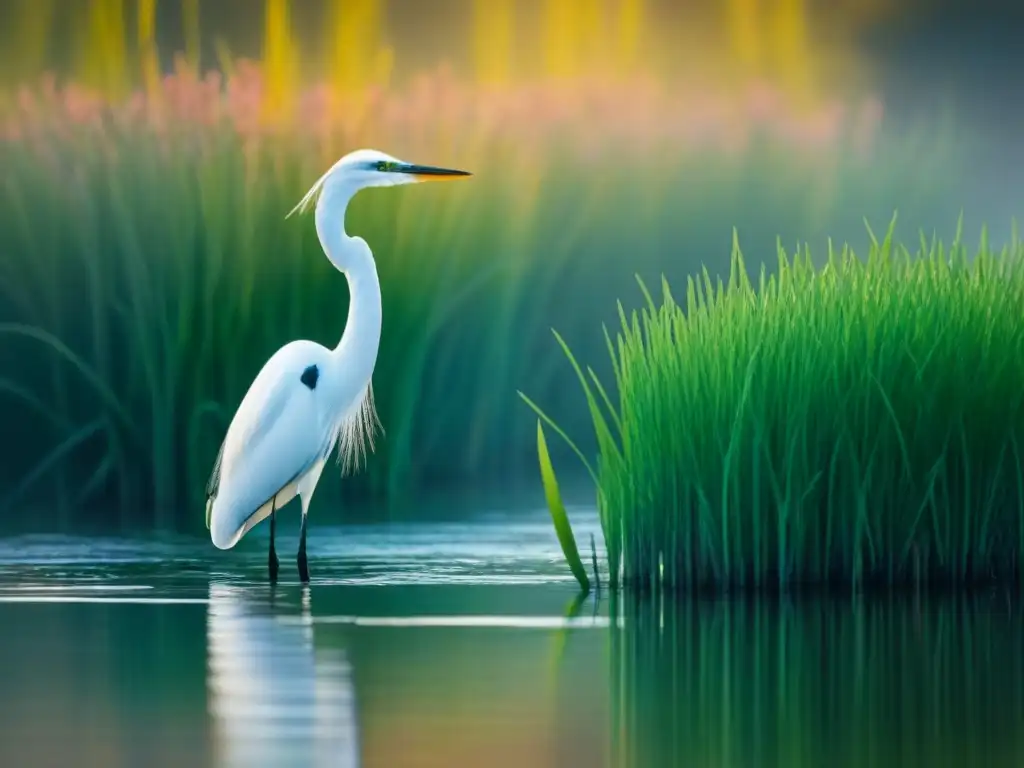 Un humedal sereno al amanecer, con un sol reflejando suavemente en el agua