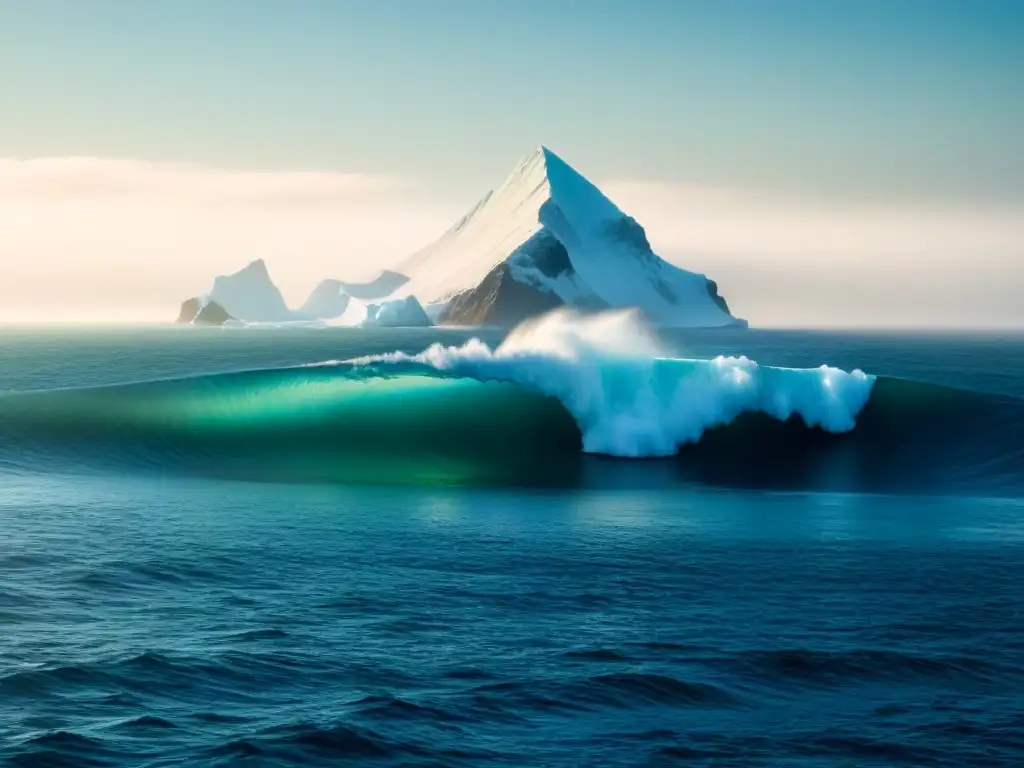 Un iceberg solitario flota en un vasto océano sereno, representando el impacto del cambio climático en el equilibrio de nuestro planeta