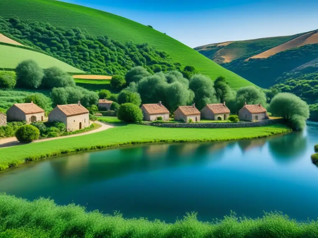 Idílica escena de Turismo Rural Sostenible España Verde: colinas verdes, cabañas de piedra y río cristalino bajo cielo azul